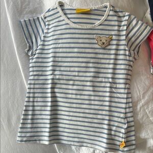 Striped Blue and White Kids Tee with Bear Accent